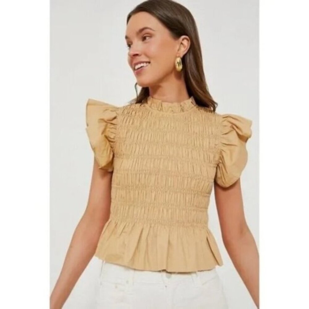 Tuckernuck Hyacinth House Nadine Blouse Tan Smocked High Neck Peplum Top XXL NWT - Picture 3 of 7